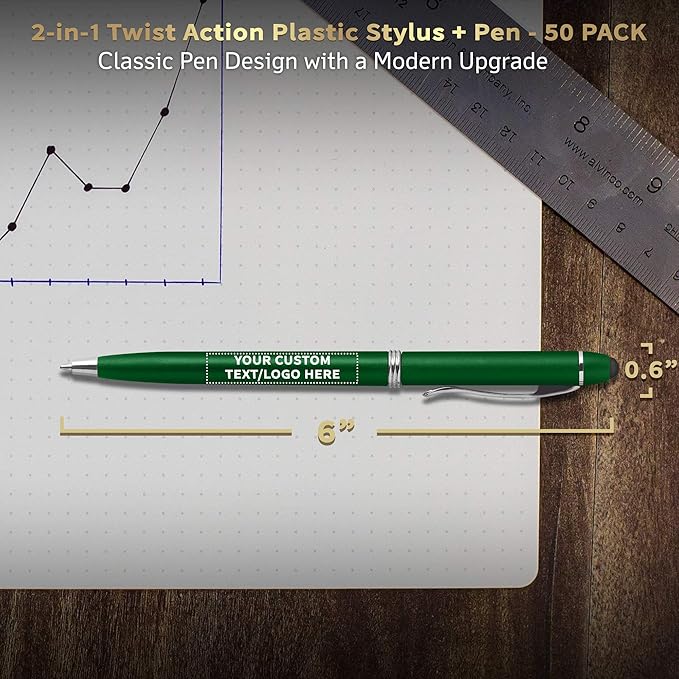 DISCOUNT PROMOS Custom Twist Action Plastic Stylus Pens, Set of 50, Personalized Bulk Pack - Pens for Work, Cool Pens for Writing, Black Ink - Green