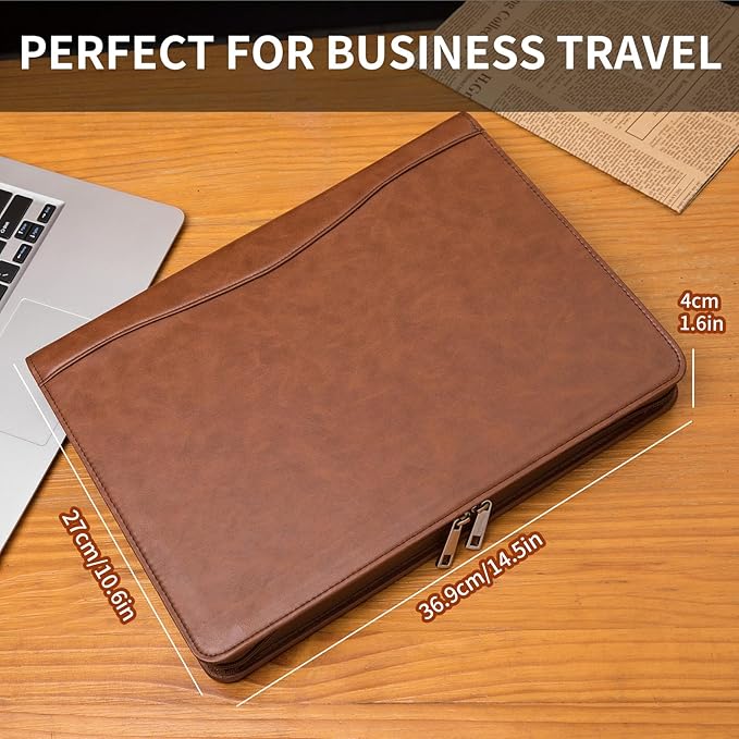 Geslun Personalized Vegan Leather Portfolio, Legal Size 8.5 x 14 Pad Holder, Custom Business Padfolio for Men Women, Zippered 14" Laptop Organizer, Professional Notepad Folio, Brown