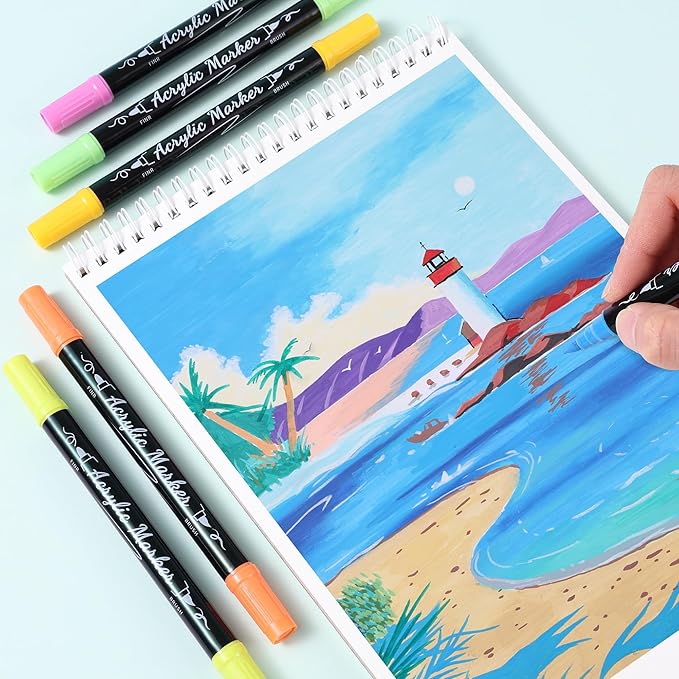 30 Colors Acrylic Paint Markers, Waterproof Dual Tip Acrylic Paint Pens with Brush and Fine Tip, Markers Set for Paper, Rock, Wood, Canvas, Glass, Ceramic and DIY Crafts Making Art Supplies