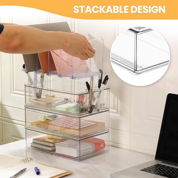 Acrylic Desk Organizer Set, 3 Pack Stackable Desktop Drawer Organizer with 4 Vertical File Holders and 2 Pen Holders, Desk Organizers and Accessories for Home Office Storage