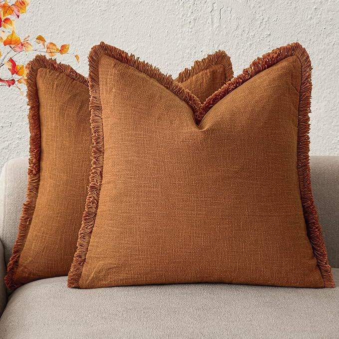 Foindtower Set of 2 Decorative Linen Fringe Throw Pillow Covers Cozy Boho Farmhouse Cushion Cover with Tassels Soft Accent Pillowcase for Couch Sofa Bed Living Room Home Decor, 22×22 Inch, Orange