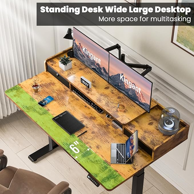 Kingant 63 x 30 Inch Electric Standing Desk with Dual Drawers, Adjustable Height Computer Desk for Home Office, Large Workstation Sit Stand Up Desk with Built-in Storage Shelf, Rustic Brown