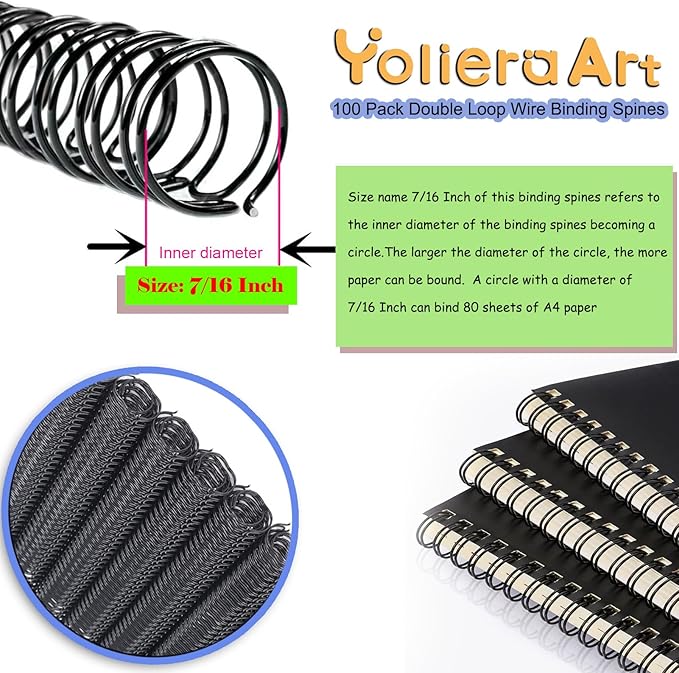 100 Pack Double Loop Wire Binding Spines, YolieraArt Wire Binding Spines, 7/16 Inch Binding Wire for Letter Size (80 Sheet Capacity, 100P, 3:1 Pitch, Black)