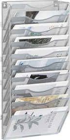 EasyPAG Wall File Organizer for Office 10 Pocket Mesh Wall Mounted Paper Organizer Hanging Folder Holder with Nametag Label for Home School, Silver