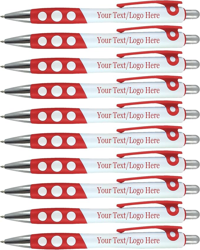 SyPen Personalized Ballpoint Pens With Custom Logo/Text-350 Pack Bulk-for Businesses, Parties, & Events, Custom Printed, White Barrel with Matching Colored Clip and Grip, Click Pens, Black Ink, Red