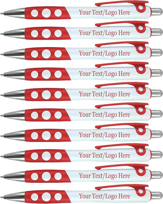 SyPen Personalized Ballpoint Pens With Custom Logo/Text-350 Pack Bulk-for Businesses, Parties, & Events, Custom Printed, White Barrel with Matching Colored Clip and Grip, Click Pens, Black Ink, Red