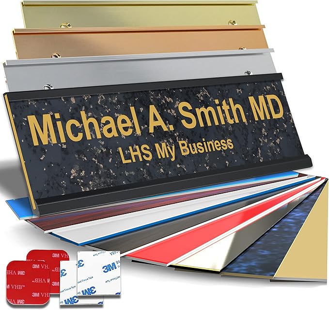 Personalized Name Plate with Choice of Mounting Holders for Walls, Doors, Cubicles, Hanging and More - Custom Charocaol Marble Plastic Gold Letters - USA Made 2x12 - S6
