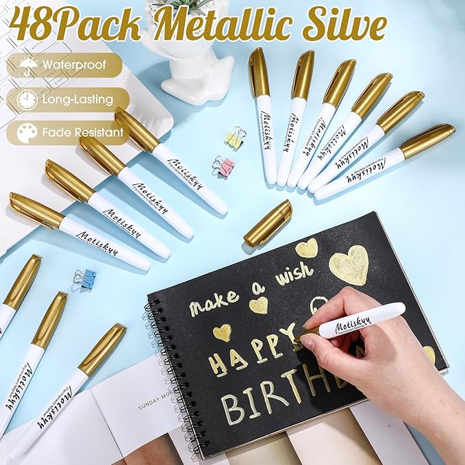 180 Pcs Metallic Permanent Markers Bulk Fine Point Metallic Markers Pens for Fabric, Black Paper, Cards, Scrapbook, Wood, Plastic, Canvas, Mugs, DIY Art Crafts, Etc(Gold)