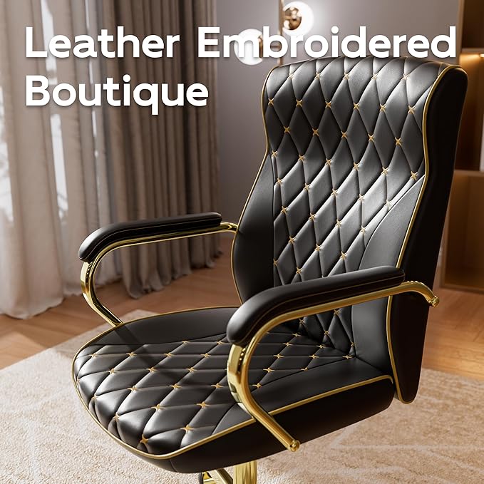 Black and Gold Office Chair with Soft Leather Embroidery, Mid Back Vintage Swivel Executive Desk Chair with Wheels and Padded Arms, Adjustable Height