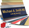 Custom Name Plate with Choice of Mounting for Walls, Doors, Desk Holders, Cubicles, Hanging and More - Personalized Navy Blue Plastic Gold Letters - USA Made 2x8 - B10
