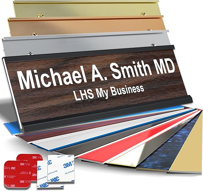 Custom Name Plate with Choice of Mounting for Walls, Doors, Cubicles, Hanging and More - Personalized Natural Teak Plastic White Letters - USA Made 2x12 - N7