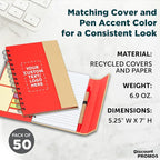 DISCOUNT PROMOS Custom Eco Friendly Spiral Notebooks with Pens Set of 50, Personalized Bulk Pack - Perfect for School, Office, Home - Red