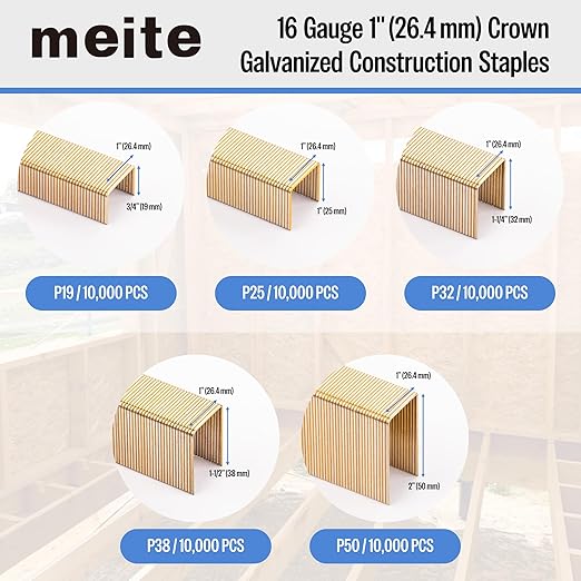 meite 16 Gauge 1-Inch Wide Crown Staples 2'' Leg, Galvanized P-Type Heavy Duty Construction Staples for Stapler Gun - Roofing Flooring Fencing House-Wrap, Strong Holding & Tear-Resistance, 10,000 PCS