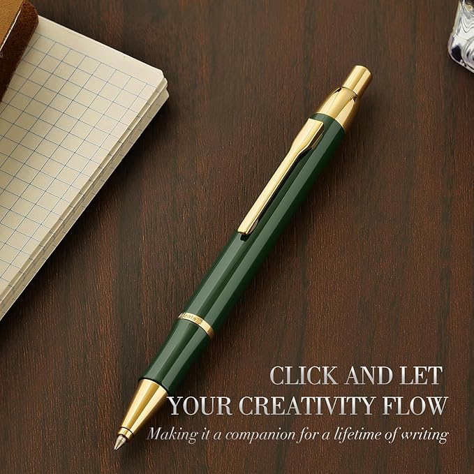 Green lacquer Gel Pen With 24K Gold Finish, Retractable, Gift Pen Set, Black Ink Refill, Professional, Elegant, Writing, Executive, Nice Fancy Designer Pens, Perfect for Men and Women