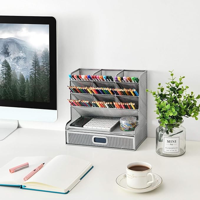 Marbrasse Larger Mesh Desk Organizer with Drawer, Multi-Functional Pen Pencil Holder, Desk Organizers and Accessories for Office Art Supplies (Silver Mesh Pen Holder with Drawer)