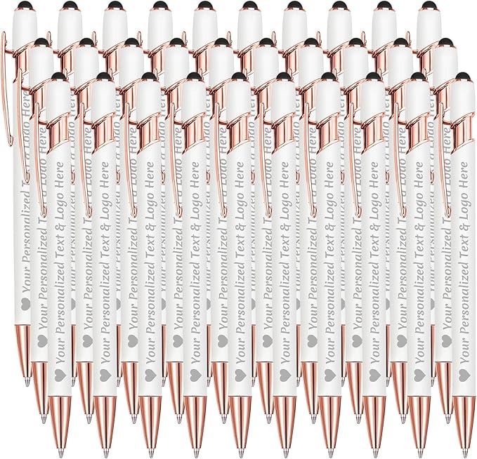 STREADVE Personalized Custom Pens 30 Engraved Writing Pen with Name Logo, Customized Promotional Items Stylus Pen Gifts for Communion Wedding Men Women Realtor Business, White