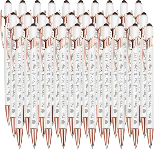 STREADVE Personalized Custom Pens 30 Engraved Writing Pen with Name Logo, Customized Promotional Items Stylus Pen Gifts for Communion Wedding Men Women Realtor Business, White
