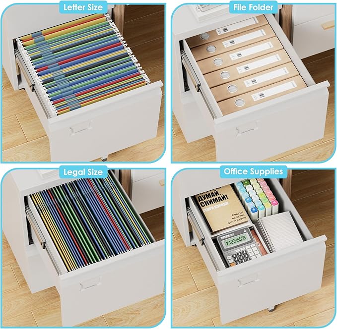 2 Drawer Mobile File Cabinet with Lock,Under Desk Metal Filing Cabinets for Home Office Fits Letters/Legal/A4 Size Folder, Assembly Required, White