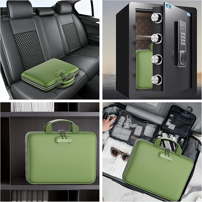 Fireproof File Organizer with Lock, Hard-Shell Case Fireproof Document Box with 13 Colorful Pockets Accordion File Folder, Important Document Organizer for Letter A4 Files Laptop Passports (Green)