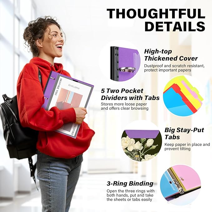 WOT I Telescoping Project Organizer 2-Pack, Refillable 3 Ring Binder with Dividers and Pockets, 13 Pocket Folders, 1 Inch 3 Rings, Purple
