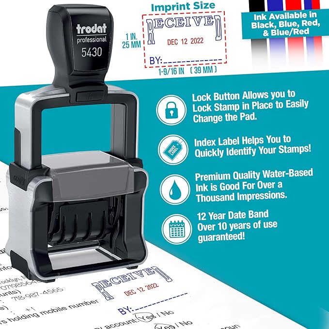 Trodat 5430 Professional Self-Inking Date Stamp - Red Ink