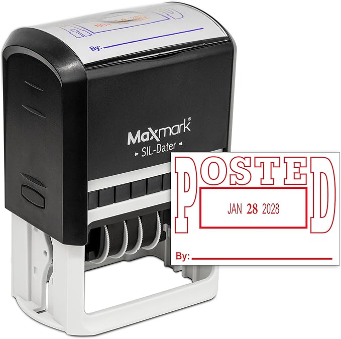 MaxMark Large Self-Inking Rubber Date Office Stamp with Posted Phrase & Date - Red Ink, 12-Year Band - Style 5