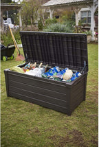 Keter Outdoor Storage Deck Box, for Patio, Backyard & Garden, Brightwood, 120 Gal, Brown - Lockable, Organizing, and Waterproof Plastic Container Bench