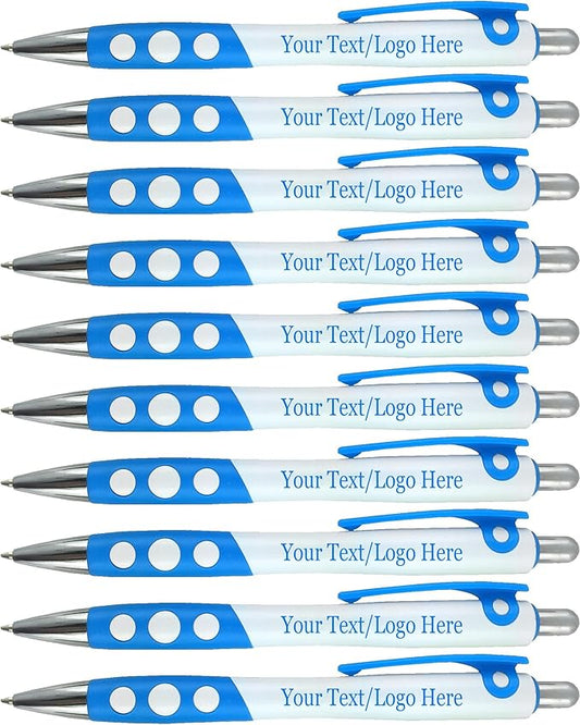 Personalized Ballpoint Pens With Custom Logo/ Text-350 Pack Bulk-for Businesses, Parties, & Events, Custom Printed, White Barrel with Matching Colored Clip and Grip, Click Pens, Black Ink, Light Blue