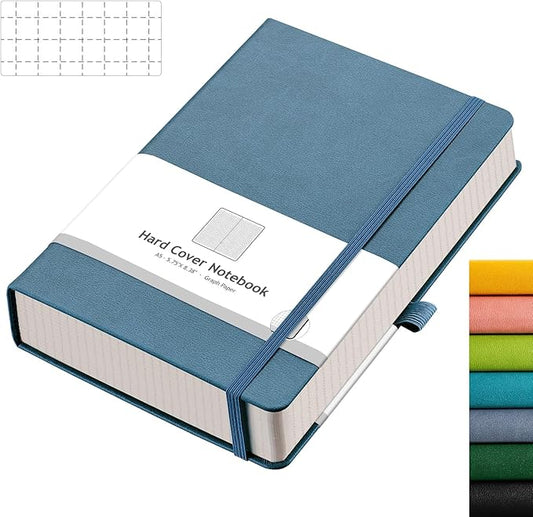 AHGXG Graph Paper Notebook - 320 Pages Grid Notebook Thick Journal A5, 100gsm Thick Graph Paper, Leather Hardcover, Inner Pocket,5.75'' × 8.38''- GrayBlue