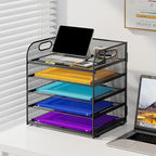 Cawukege 5 Tier Paper Organizer with Handle, Metal Mesh Desk Organizer File Folder Paper Letter Tray Desktop Document Sorter for Classroom, School, Office Accessories Organization and Storage - Black