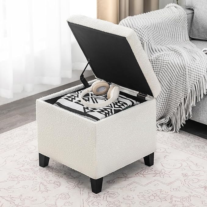 Adeco 18 Inch High Cube Ottoman Storage, Linen Chair Foot Stools, Upholstered Vanity Stool with Hinged Lid, Solid Wood Legs (White Circle Yarn)