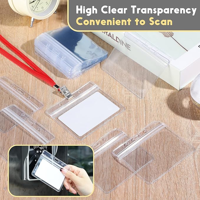 Marspark 200 Pieces Clear Plastic Horizontal Name Badge ID Card Holders with Waterproof Type Resealable Zip, 3.54 x 2.36 in, Transparent PVC Sleeve for Office Back to School Supplies