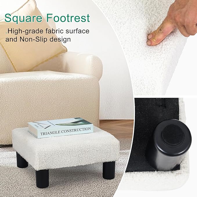 Joveco Small Foot Rest Stool Ottoman, Square Boucle Upholstered Footrest with Plastic Legs, Under Desk Footstool for Chair, Office, Living Room, White