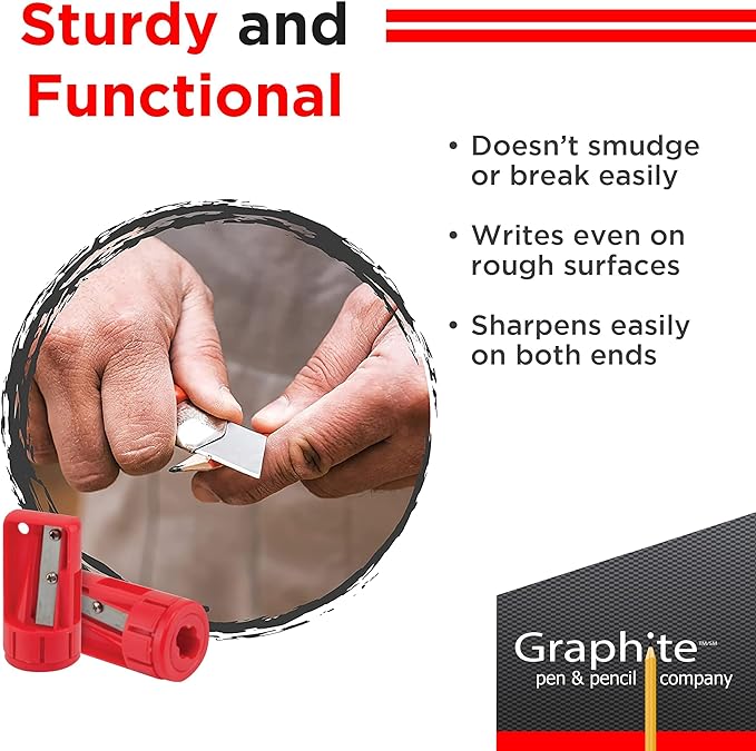 GRAPHITE Hard Lead Carpenter Pencils Bulk - (1) Pack of 12 Pieces Lumber Wooden Pencil #2 (HB) - Neon Orange