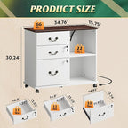 DEVAISE 3 Drawer File Cabinet,Wood Lateral Filing Cabinet with Lock & Charging Station,Rolling Printer Stand with Storage for Home Office,White