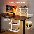 ARES WING 2-Tier Clamp On Desk Shelf, 16 inch Adjustable Above or Under Desk Storage Shelves Holds 44 lbs, Heavy Duty Desktop Organizer with Headphone Holder for Working and Gaming Accessories, White