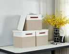 DECOMOMO Storage Basket with Lid, Storage Cubes with Handles, Fabric Box with Lid (Beige and White, 13” / 3 Pack)