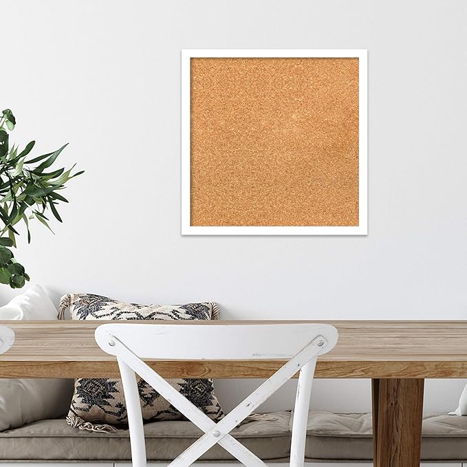 Amanti Art Natural Cork Board for Wall, 17x17 Vision Board with White Frame, Small Corkboard Office Decor for Home Organization, Modern Corkboard Pinboard to Display Items for Home Organization in