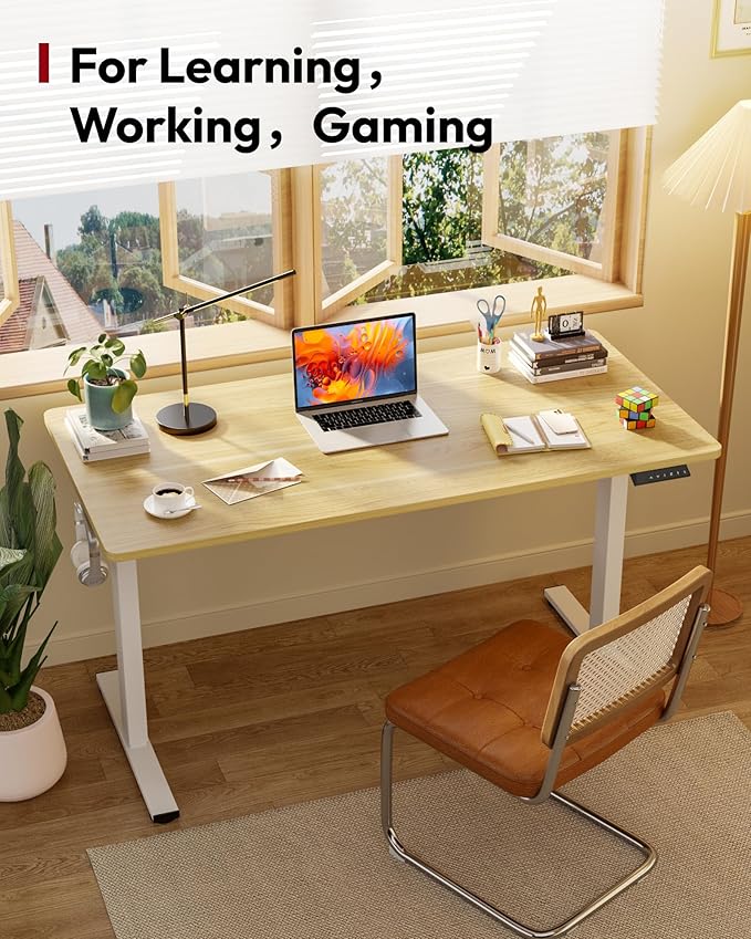 SANODESK Electric Standing Desk 60 x 24 Inches Whole-Piece Desktop Height Adjustable Stand Up Desk w/6-Button Controller Ergonomic Computer Desk for Home Office, White Frame + Natural Tabletop