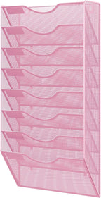 EasyPAG 8 Pocket Mesh Wall File Organizer, Hanging Paper Folder Holder with Classify Label, Vertical Wall Mount Mail Organizer for Office Home Classroom, Pink