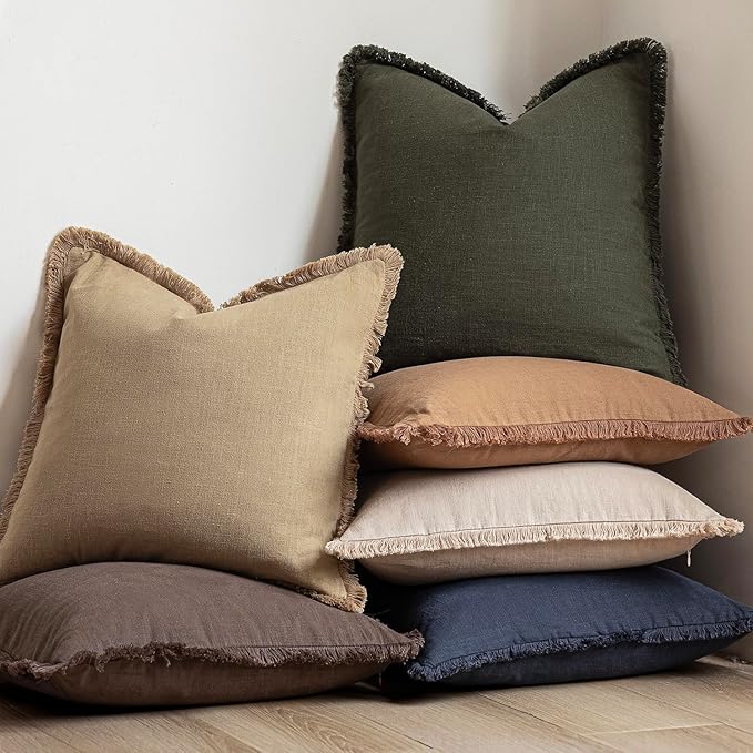 Foindtower Set of 2 Decorative Linen Fringe Throw Pillow Covers Farmhouse Cushion Cover with Tassels Soft Accent Pillowcase for Couch Chair Sofa Bed Living Room Home Decor,16×16 Inch,Light Khaki Taupe