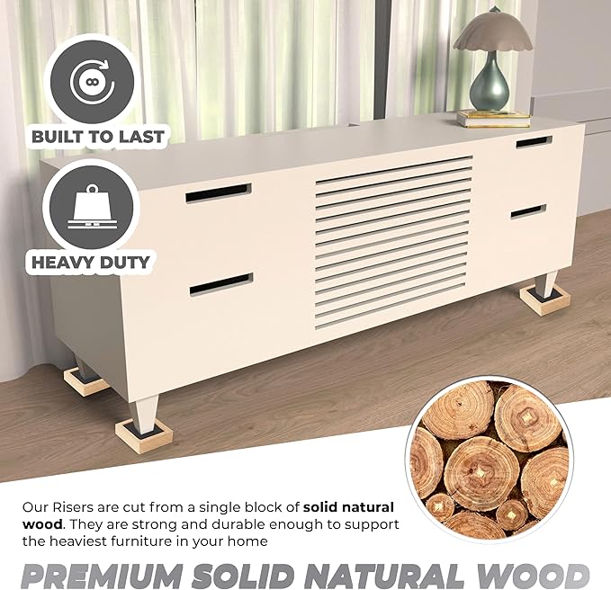 Bed Risers, Furniture Risers (Set of 8-Height 1") Can be Adjusted to 2'' 3''or 4'', Lifts Furniture Risers, Solid Natural Wood Risers, Non-Slip Recessed Hole (Square-Natural Color)