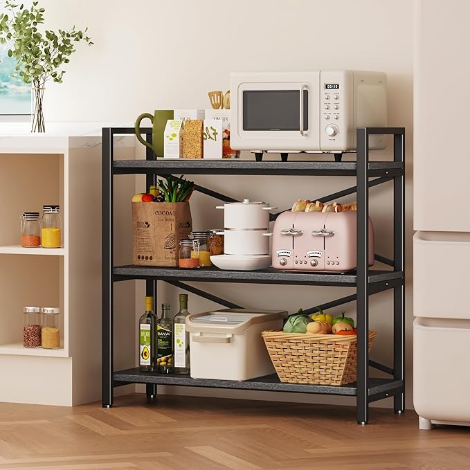 Homeiju 3 Tier Bookshelf 31.49" Width, Wood and Metal Etagere Bookcase, Vintage Farmhouse Modern Wooden Big Book Shelf for Home Living Room Bedroom Office Storage(Grey)