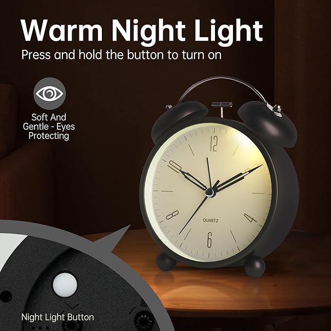 Twin Bell Loud Alarm Analog Alarm Clock, 4 inch Super Silent Non Ticking Small Clock with Night Light, Battery Operated, Simple Design, Old Fashioned, for Heavy Sleeper, Bedroom, Bedside, Desk, Black