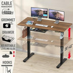 SHW 55 x 28 Inches Electric Height Adjustable Standing Desk with Drawer and Memory Preset, Walnut