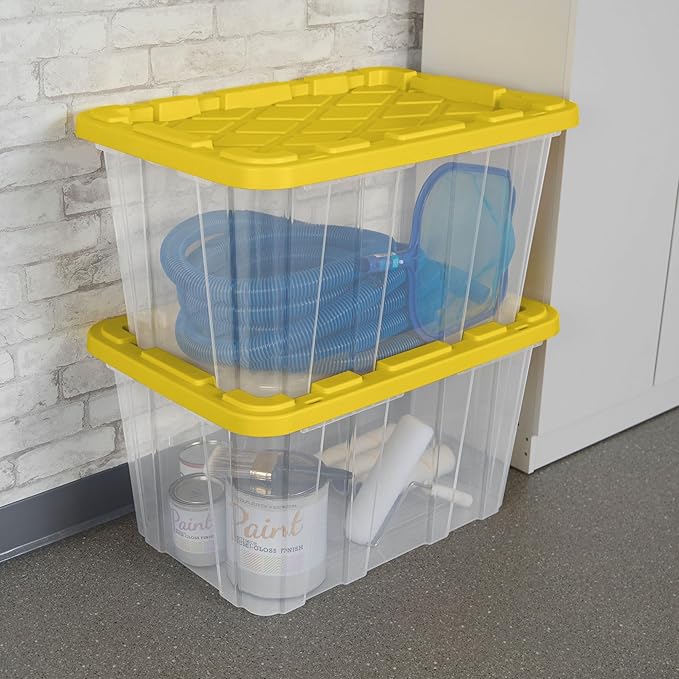 Sterilite 8-Pack 27 Gallon Industrial Tote, Clear Plastic Storage Container Bins with Yellow Lids - Heavy-Duty Organizing Containers for Closet, Bathroom, and Office