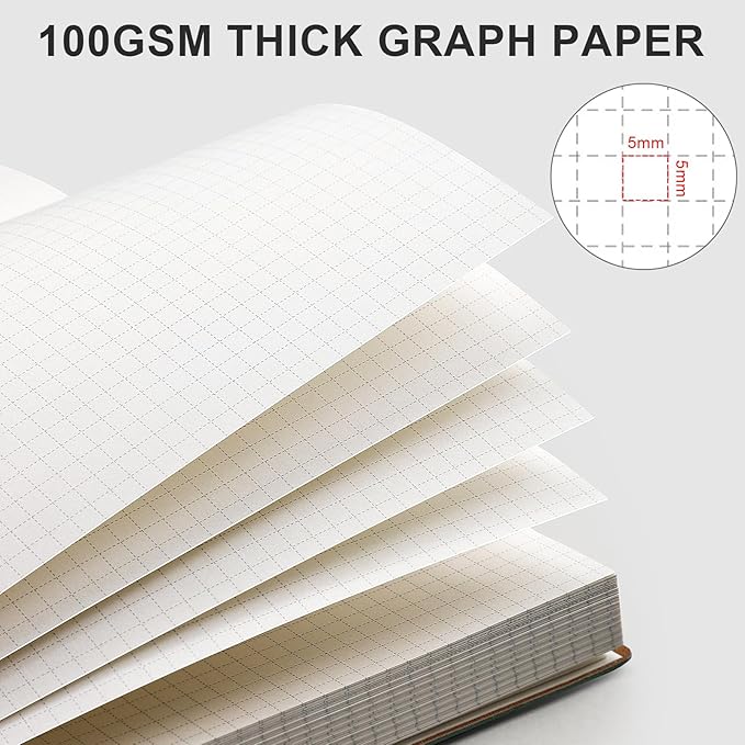 AHGXG Graph Paper Notebook - 320 Pages Grid Paper Notebook Large Journal B5, 100gsm Thick Graph Paper, Leather Softcover, Inner Pocket, 7.6'' X 10''- Black