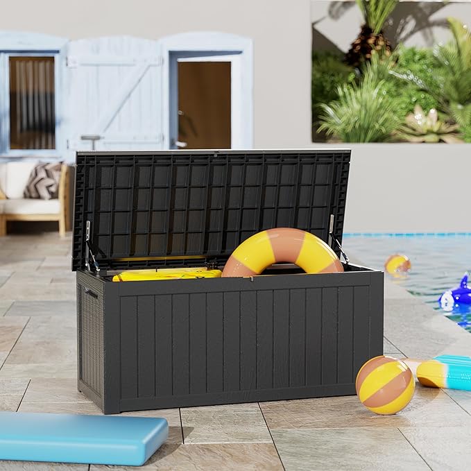 Decksplore 270 Gallon Outdoor Storage Box Waterproof Lockable Resin Deck Box Large, Patio Storage Bin for Pool Accessories Cushion Furniture, Garden Tools, UV-Resistant Outside Delivery Black