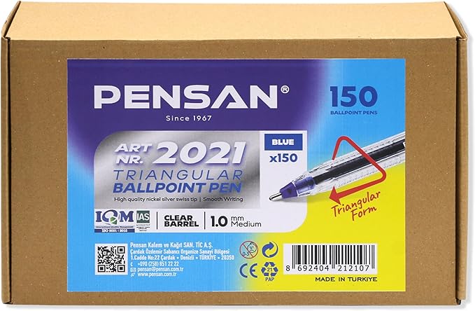 Blue Ballpoint Pens,1.0 mm Medium Point, Blue Pens, Ergonomic Triangle Grip, Smooth Writing, 150-Count Pack of Bulk Pens