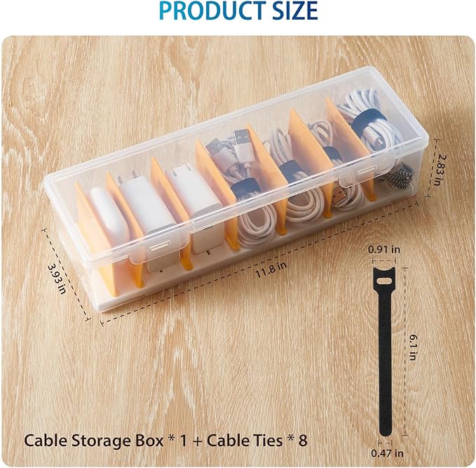 Fzooua Cable Organizer Storage Box with 8 Cable Ties, Clear Phone Charger Organizer Case Wire Organizers for Cords Electronic Storage Box for Drawer Desk Office Home (1 Pack)